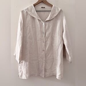 Match Point Beige Lagenlook Long Sleeve Linen Top button front sailor collar